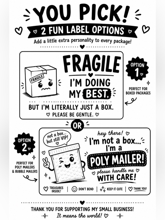 Hand Crafted Other - Fragile Stickers for Boxes or Poly Mailers Qty: 100 Thermal Labels - pick style